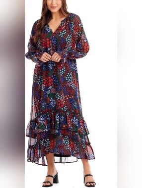 Mud Pie Tiered Midi Dress Women’s Small Black Multicolor Floral Leopard Long Sle